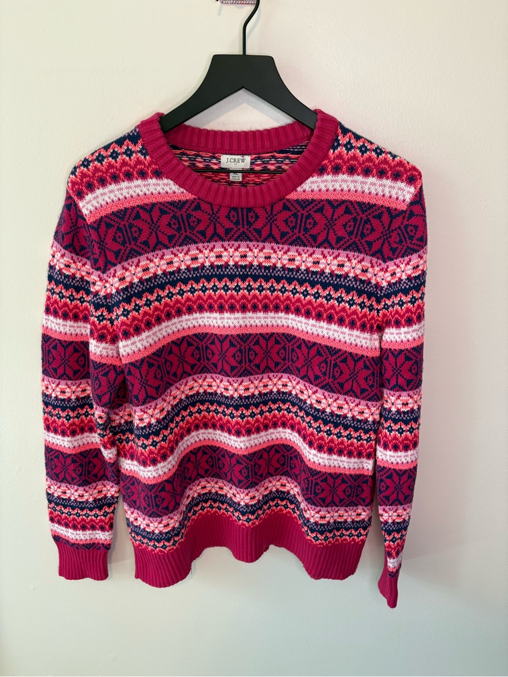 J. Crew Pink and Navy Fair Isle Crewneck Sweater - Read Description - Size XL